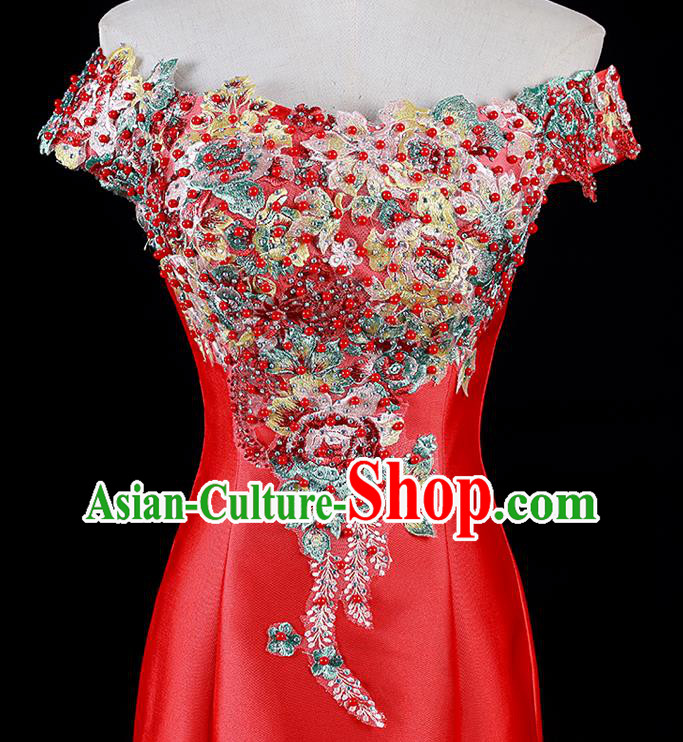 Professional Custom Red Full Dress Dinner Party Formal Garment China New Year Off Shoulder Mermaid Dress Professional Custom Red Full Dress Dinner Party Formal Garment China New Year Off Shoulder Mermaid Dress