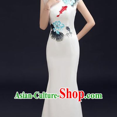 Chinese New Year Full Dress Traditional White Qipao Modern Cheongsam Ink Painting Lotus Fish Qipao Dress