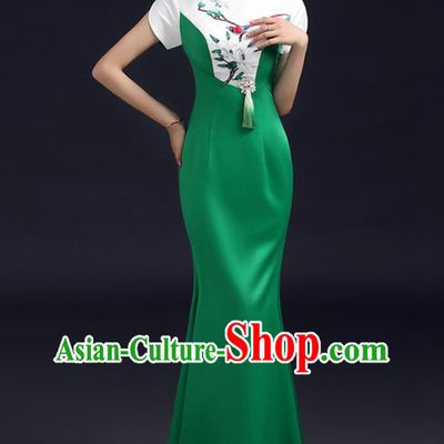 Chinese Embroidered Magnolia Qipao Dress New Year Full Dress Traditional Green Satin Qipao Modern Cheongsam