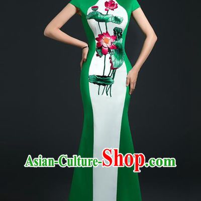 Chinese Modern Cheongsam Embroidered Lotus Qipao Dress New Year Full Dress Traditional Green Satin Qipao