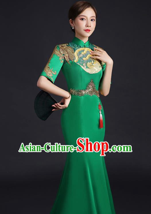 Chinese Traditional Green Qipao Modern Cheongsam Embroidered Phoenix Qipao Dress New Year Middle Sleeve Full Dress Chinese Traditional Green Qipao Modern Cheongsam Embroidered Phoenix Qipao Dress New Year Middle Sleeve Full Dress