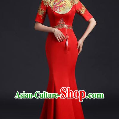 Chinese New Year Middle Sleeve Full Dress Traditional Wedding Qipao Bride Modern Red Cheongsam Embroidered Phoenix Qipao Dress