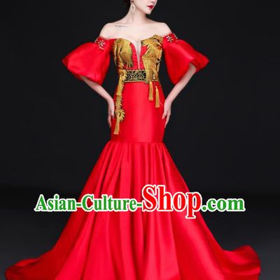 China Dinner Party Formal Garment New Year Compere Red Flare Dress Professional Embroidery Phoenix Full Dress