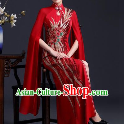 Chinese Modern Cheongsam Traditional Red Qipao Dress Hostess Full Dress Embroidered Peony Qipao Clothing