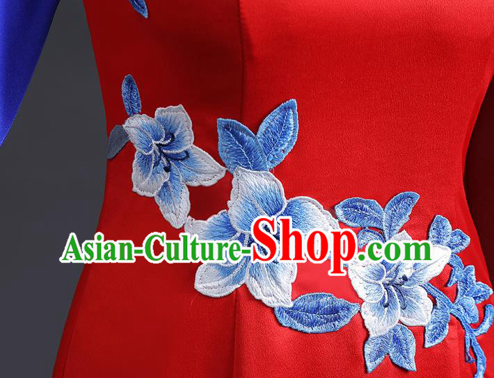 Chinese Traditional Red Dress Compere Full Dress Embroidered Qipao Clothing Modern Cheongsam Chinese Traditional Red Dress Compere Full Dress Embroidered Qipao Clothing Modern Cheongsam