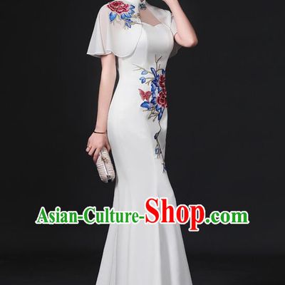 Chinese Traditional White Tippet Qipao Dress Hostess Full Dress Embroidered Qipao Clothing Modern Fishtail Cheongsam