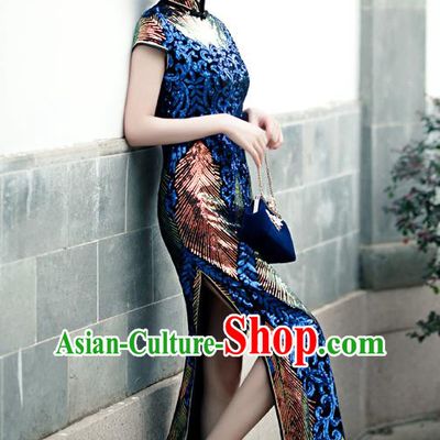Chinese Traditional New Year Dress Compere Full Dress Classical Blue Velvet Qipao Clothing Modern Cheongsam