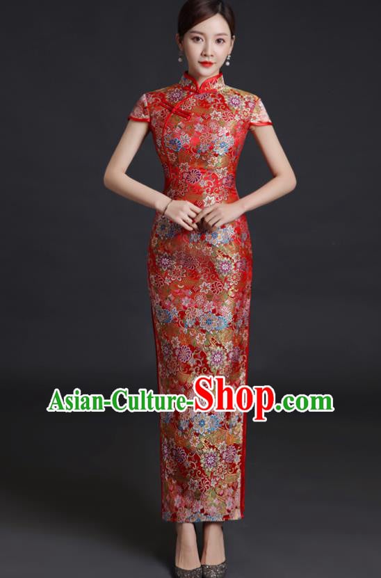 Chinese Bride Red Brocade Cheongsam Traditional Wedding Dress Compere Full Dress Classical Qipao Clothing Chinese Bride Red Brocade Cheongsam Traditional Wedding Dress Compere Full Dress Classical Qipao Clothing