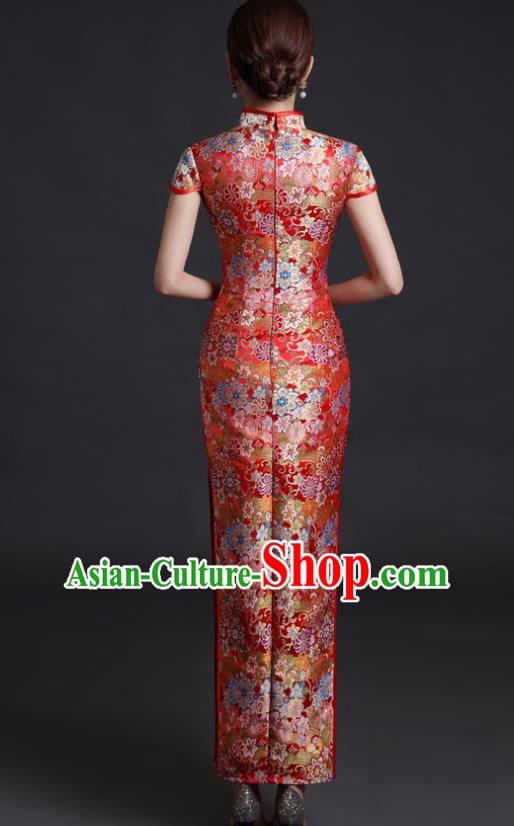 Chinese Bride Red Brocade Cheongsam Traditional Wedding Dress Compere Full Dress Classical Qipao Clothing Chinese Bride Red Brocade Cheongsam Traditional Wedding Dress Compere Full Dress Classical Qipao Clothing