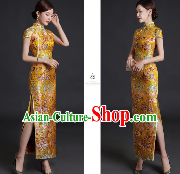 Chinese Classical Qipao Clothing Bride Golden Brocade Cheongsam Traditional Wedding Dress Compere Full Dress Chinese Classical Qipao Clothing Bride Golden Brocade Cheongsam Traditional Wedding Dress Compere Full Dress