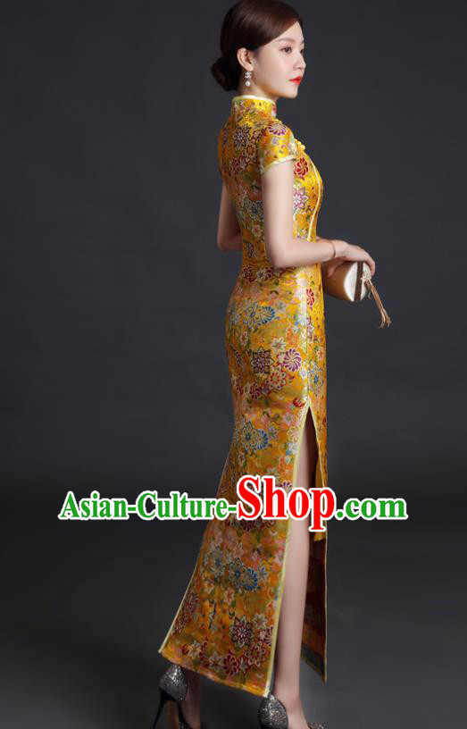 Chinese Classical Qipao Clothing Bride Golden Brocade Cheongsam Traditional Wedding Dress Compere Full Dress Chinese Classical Qipao Clothing Bride Golden Brocade Cheongsam Traditional Wedding Dress Compere Full Dress