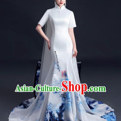 China Professional Catwalks Full Dress Dinner Party Formal Garment Compere Ink Painting Landscape Trailing Dress