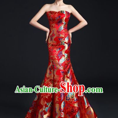 China Compere Fishtail Dress Professional Catwalks Red Full Dress Wedding Bride Formal Garment