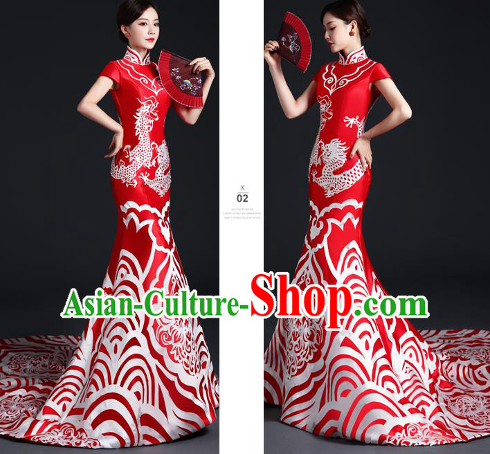 Chinese Traditional Trailing Dress Compere Full Dress Classical Qipao Clothing Wedding Red Cheongsam Chinese Traditional Trailing Dress Compere Full Dress Classical Qipao Clothing Wedding Red Cheongsam