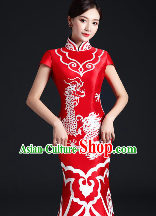 Chinese Traditional Trailing Dress Compere Full Dress Classical Qipao Clothing Wedding Red Cheongsam Chinese Traditional Trailing Dress Compere Full Dress Classical Qipao Clothing Wedding Red Cheongsam