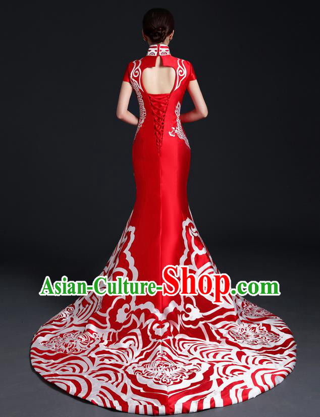 Chinese Traditional Trailing Dress Compere Full Dress Classical Qipao Clothing Wedding Red Cheongsam Chinese Traditional Trailing Dress Compere Full Dress Classical Qipao Clothing Wedding Red Cheongsam