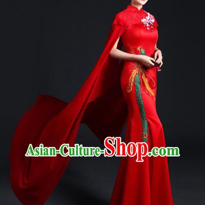 Chinese Classical Qipao Clothing Modern Red Mantle Cheongsam Traditional Embroidered Phoenix Dress Compere Full Dress