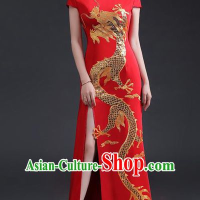 Chinese Compere Full Dress Embroidered Dragon Qipao Clothing Modern Cheongsam Traditional Red Dress