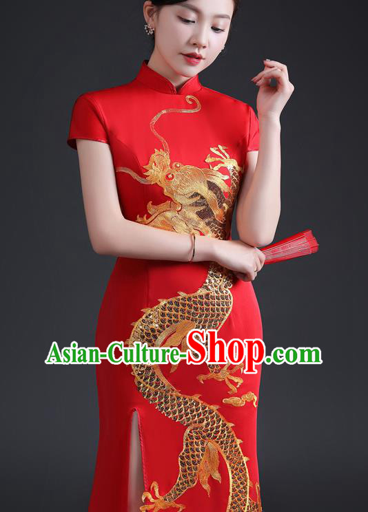 Chinese Compere Full Dress Embroidered Dragon Qipao Clothing Modern Cheongsam Traditional Red Dress Chinese Compere Full Dress Embroidered Dragon Qipao Clothing Modern Cheongsam Traditional Red Dress