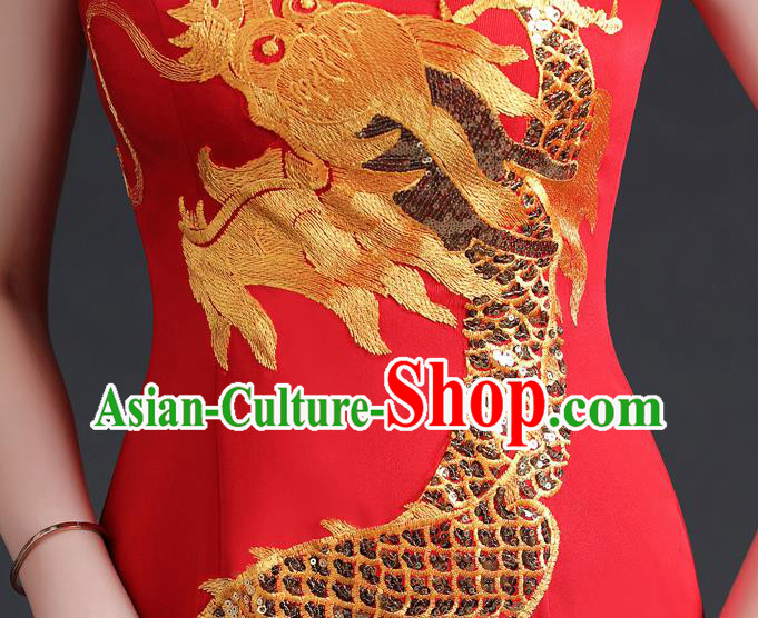 Chinese Compere Full Dress Embroidered Dragon Qipao Clothing Modern Cheongsam Traditional Red Dress Chinese Compere Full Dress Embroidered Dragon Qipao Clothing Modern Cheongsam Traditional Red Dress