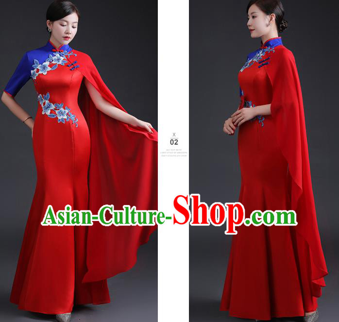 Chinese Traditional Red Dress Compere Full Dress Embroidered Qipao Clothing Modern Cheongsam Chinese Traditional Red Dress Compere Full Dress Embroidered Qipao Clothing Modern Cheongsam