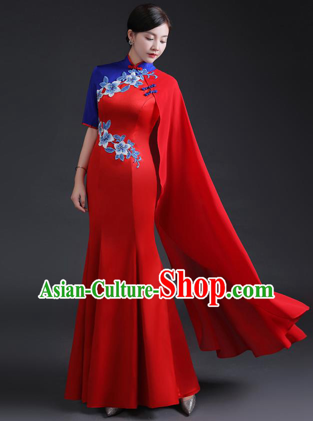 Chinese Traditional Red Dress Compere Full Dress Embroidered Qipao Clothing Modern Cheongsam Chinese Traditional Red Dress Compere Full Dress Embroidered Qipao Clothing Modern Cheongsam