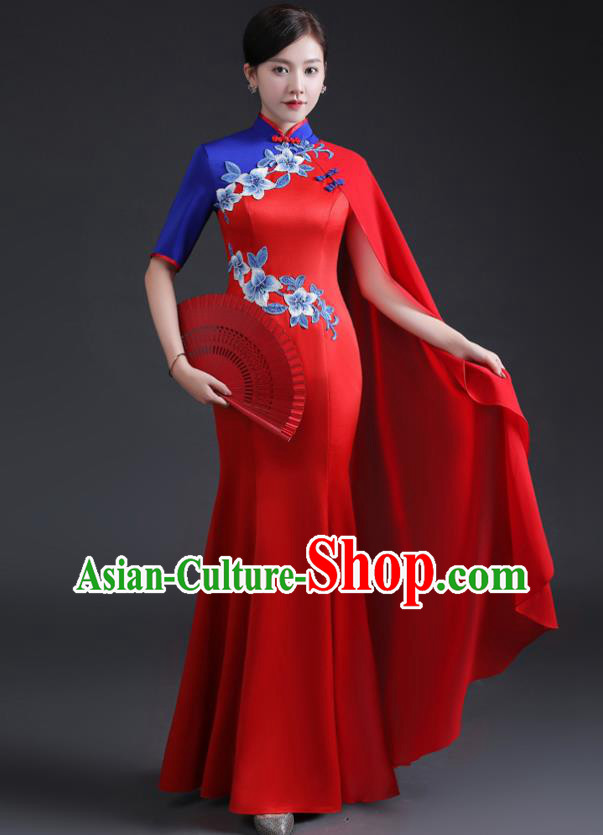Chinese Traditional Red Dress Compere Full Dress Embroidered Qipao Clothing Modern Cheongsam Chinese Traditional Red Dress Compere Full Dress Embroidered Qipao Clothing Modern Cheongsam