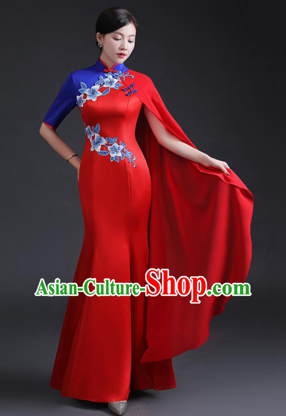 Chinese Traditional Red Dress Compere Full Dress Embroidered Qipao Clothing Modern Cheongsam Chinese Traditional Red Dress Compere Full Dress Embroidered Qipao Clothing Modern Cheongsam