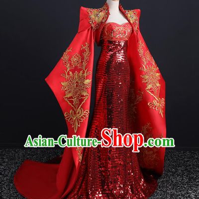 China Compere Red Fishtail Dress Professional Catwalks Embroidery Beads Full Dress New Year Formal Costume