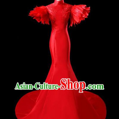 China New Year Formal Costume Compere Red Feather Dress Professional Catwalks Full Dress