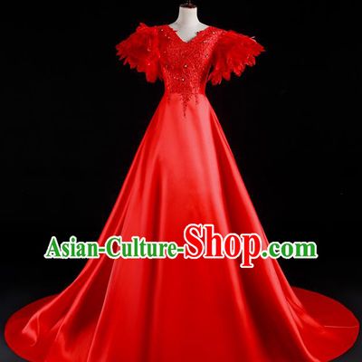 China Professional Catwalks Full Dress New Year Formal Costume Compere Red Feather Trailing Dress