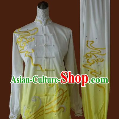 Top Tai Ji Competition Gradient White to Yellow Uniform Embroidered Clouds Tai Chi Championship Costumes Martial Arts Qi Gong Clothing