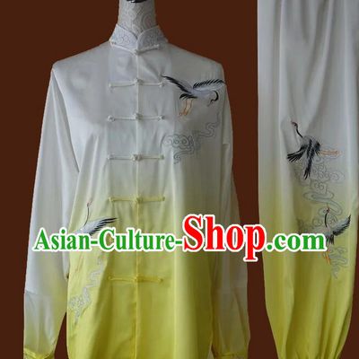 Top Martial Arts Qi Gong Clothing Tai Ji Competition Gradient White to Yellow Uniform Embroidered Cranes Tai Chi Championship Costumes