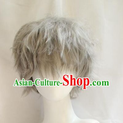 Top Short Wig Men Headwear Cosplay Swordsman Grey Wig Handmade