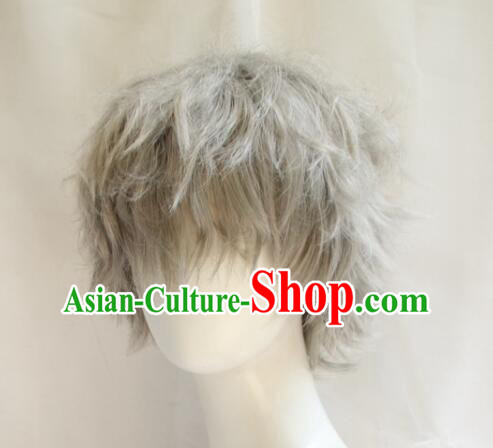 Top Short Wig Men Headwear Cosplay Swordsman Grey Wig Handmade Top Short Wig Men Headwear Cosplay Swordsman Grey Wig Handmade