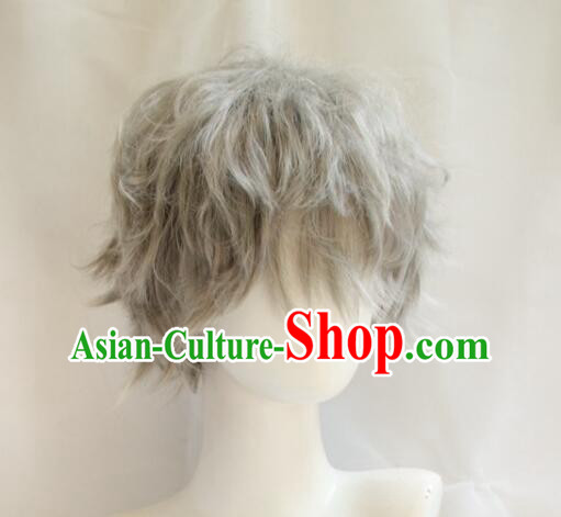 Top Short Wig Men Headwear Cosplay Swordsman Grey Wig Handmade Top Short Wig Men Headwear Cosplay Swordsman Grey Wig Handmade