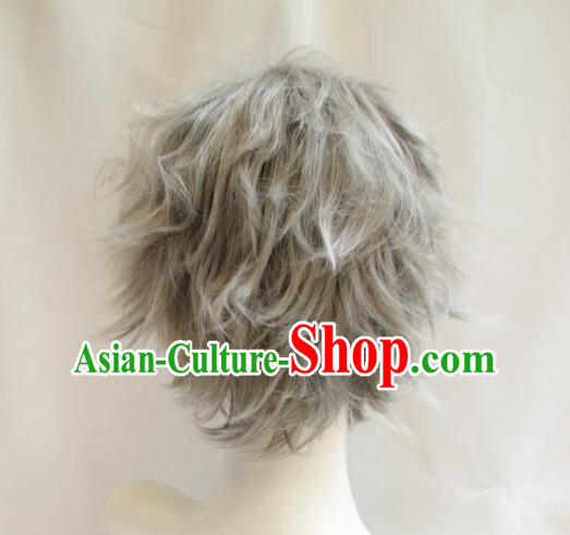 Top Short Wig Men Headwear Cosplay Swordsman Grey Wig Handmade Top Short Wig Men Headwear Cosplay Swordsman Grey Wig Handmade