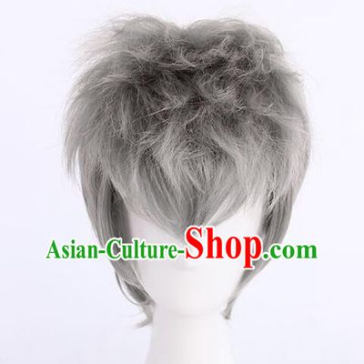 Top Men Head Gear Cosplay Grey Wig Handmade Short Wig