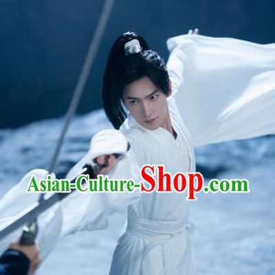 Chinese Ancient Young Hero White Garments Qie Shi Tian Xia Feng Lan Xi Replica Costume Wuxia TV Series Swordsman Clothing