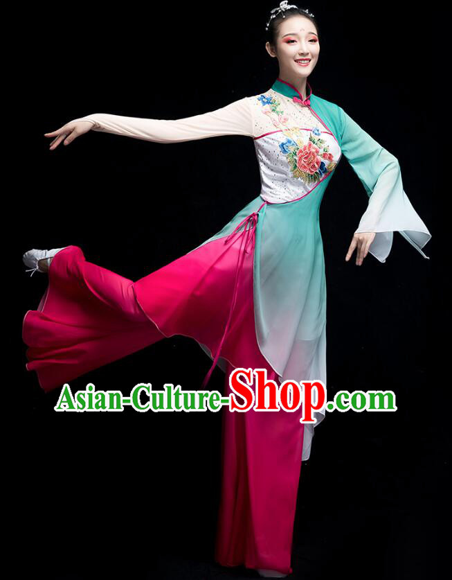 Chinese Fan Dance Garment Costumes Umbrella Dance Gradient Magenta Green Dress Classical Dance Clothing Chinese Fan Dance Garment Costumes Umbrella Dance Gradient Magenta Green Dress Classical Dance Clothing