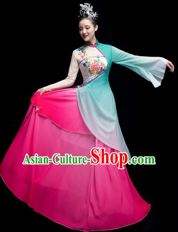 Chinese Fan Dance Garment Costumes Umbrella Dance Gradient Magenta Green Dress Classical Dance Clothing Chinese Fan Dance Garment Costumes Umbrella Dance Gradient Magenta Green Dress Classical Dance Clothing