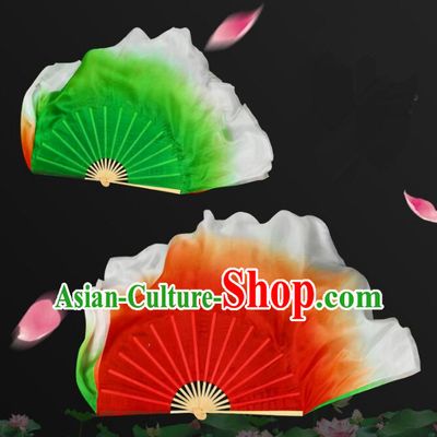 China Classical Dance Silk Fan Yangko Dance Bamboo Fan Gradient Red and Green Ribbon Folding Fan