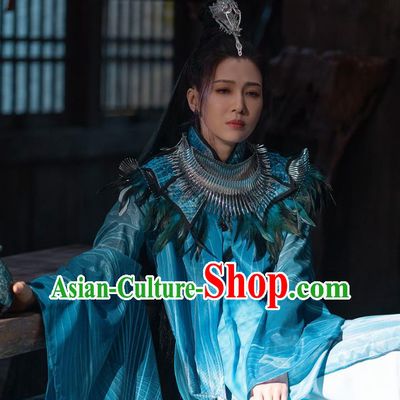 Chinese Ancient Fairy Blue Dress Clothing Xian Xia TV Series Apparel The Blue Whisper Qing Ji Feather Garment Costumes