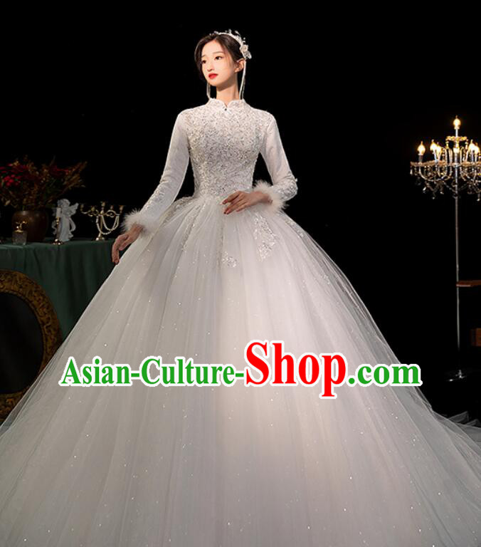 Bride Wedding Dress Top Winter Long Sleeve Dress Court Style Wedding Costume Bride Wedding Dress Top Winter Long Sleeve Dress Court Style Wedding Costume