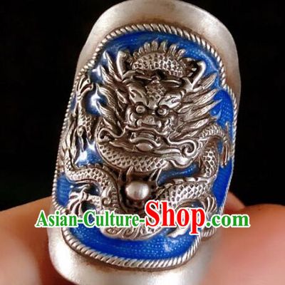 Chinese National Blueing Silver Ring Jewelry Traditional Handmade Accessories Retro Carving Dragon Circlet