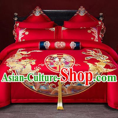 Chinese Long Staple Cotton Bedding Items Top Wedding Bedclothes Embroidery Dragon and Phoenix Red Four Pieces Set