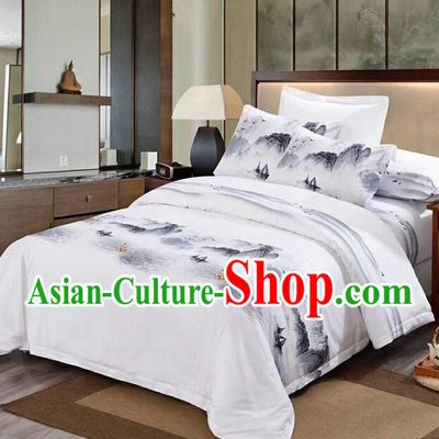 Chinese Ink Painting White Four Pieces Bedding Items Set Top Cotton Bedclothes