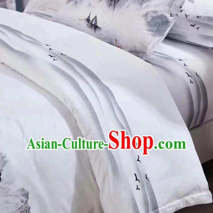 Chinese Ink Painting White Four Pieces Bedding Items Set Top Cotton Bedclothes Chinese Ink Painting White Four Pieces Bedding Items Set Top Cotton Bedclothes