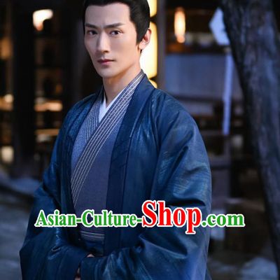 Chinese Ancient Young Swordsman Dark Blue Clothing Wuxia TV Series Qie Shi Tian Xia Prince Feng Chang Garment Costumes