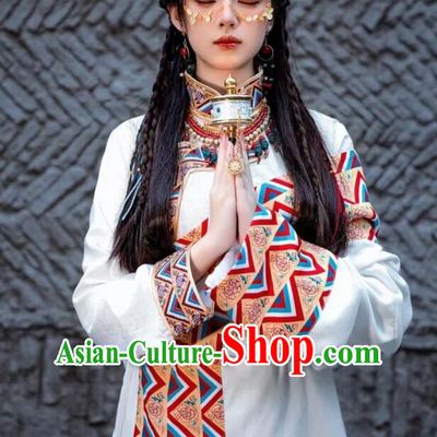 Chinese Zang Nationality Lady White Dress Stage Performance Clothing Tibetan Ethnic Garment Costumes